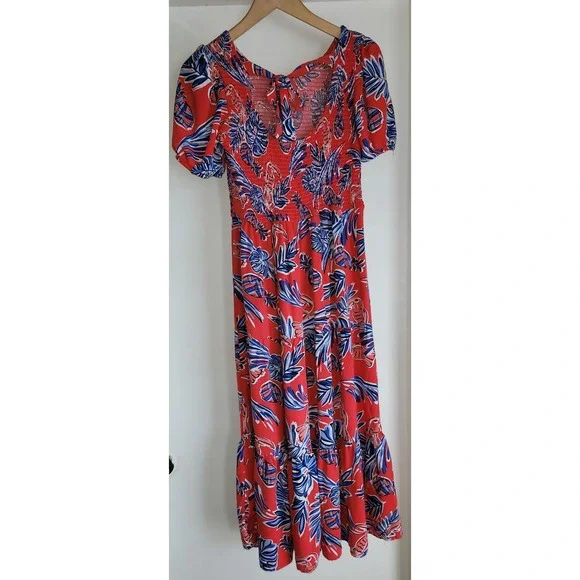 Sincerely Jules Women's Floral Midi Red Dress M Tropical Ruched Tie Back Resort - Picture 2 of 3